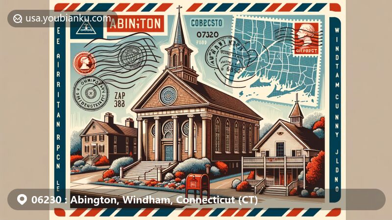 Modern illustration of Abington area, Windham County, Connecticut (CT), portraying a vintage postcard featuring Abington Congregational Church from 1751 and Abington Social Library from 1886, set against a stylized map of Connecticut and postal elements with ZIP code 06230.