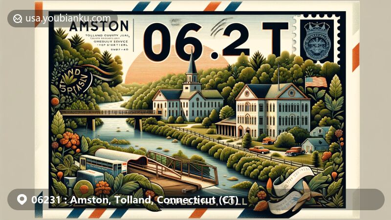 Illustration of Amston, Tolland, Connecticut, featuring vintage-style postcard with ZIP code 06231, showcasing Old Tolland County Jail and Museum, Tolland County Courthouse Museum, and lush green landscapes.