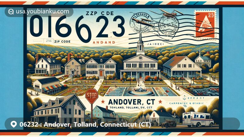 Modern illustration of Andover, Tolland, Connecticut, showcasing postal theme with ZIP code 06232, featuring Andover Center Historic District's architectural styles and lush landscapes.