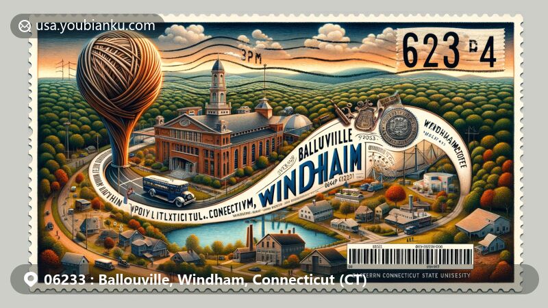 Modern illustration of Ballouville, Windham, Connecticut, capturing postal theme with ZIP code 06233, featuring local landmarks, natural beauty, and cultural symbols of the area.