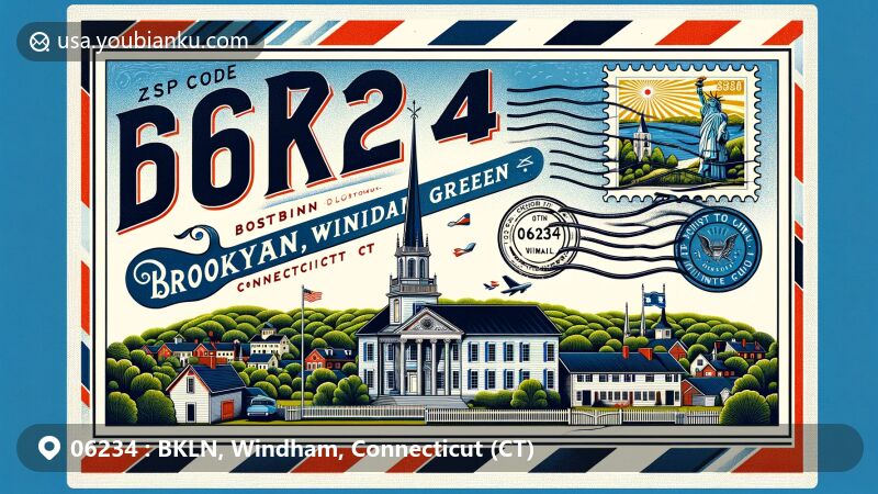 Modern illustration of BKLN, Windham, Connecticut, featuring vintage airmail envelope with ZIP code 06234, Brooklyn Green Historic District, Connecticut state flag stamp, and Windham County landscape elements.