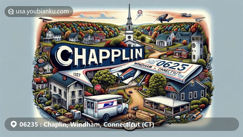Modern illustration of Chaplin, Windham County, Connecticut, featuring postal theme with ZIP code 06235, showcasing Chaplin's historic district with 19th-century town planning and wood-frame houses in Federal or Greek Revival style.