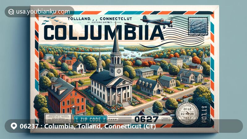 Modern illustration of Columbia, Tolland, Connecticut, showcasing historic Columbia Green Historic District with 18th and 19th-century architecture, including Congregational chapel, schoolhouse, and Saxton B. Little Library.