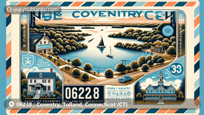 现代插画描绘了康涅狄格州托兰县考文垂市的06238邮政编码区域，展示了康涅狄格州最大湖泊之一的Wangumbaug湖（Coventry湖），以及Nathan Hale Homestead、Strong-Porter House Museum和South Coventry历史区等代表性建筑，结合了复古邮票、邮戳和邮政马车等邮政主题元素。