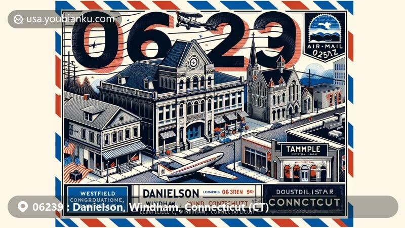 Modern illustration of Danielson, Windham, Connecticut, showcasing historic Main Street buildings, including Westfield Congregational Church, Bugbee Memorial Library, and Brooklyn Savings Bank, alongside modern Temple Beth Israel museum, all highlighting ZIP code 06239 with airmail design elements and Connecticut state flag.