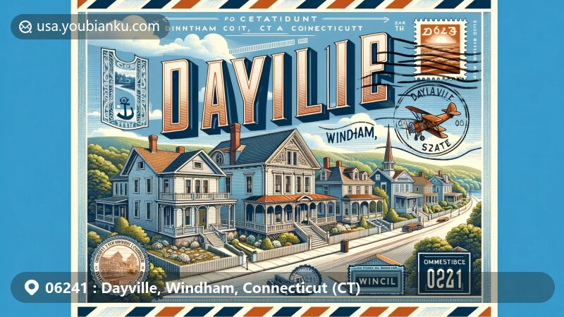 现代插图展示了邮政编码06241（康涅狄格州(CT)风格的Dayville邮政区，突出19世纪中叶希腊复兴和意大利式建筑风格的建筑，背景有康涅狄格州自然风光。