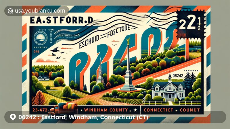 Modern illustration of Eastford, Windham County, Connecticut, featuring prominent '06242' ZIP code in bold, lush Natchaug State Forest scenery, and Nathaniel Lyon monument, blending postal stamp elements with vibrant rural landscape.