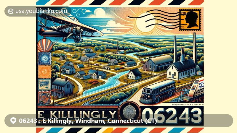 Modern illustration of E Killingly, Windham, Connecticut, depicting the historical Daniel's Village Archeological Site, industrial heritage, Windham County map outline, Connecticut state flag, and postal elements with ZIP code 06243.