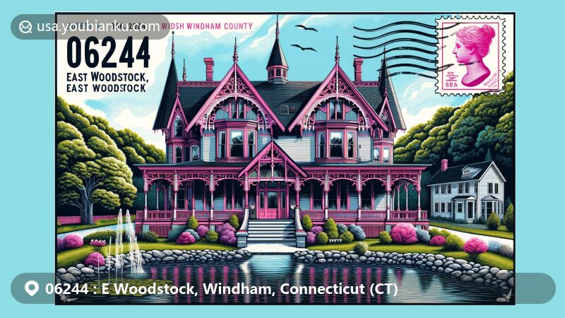 Modern illustration of East Woodstock, Windham, Connecticut, featuring iconic Roseland Cottage in Victorian Gothic Revival style, Roseland Park's lake, Woodstock Fairgrounds' large elm tree, and postal elements with ZIP code 06244.