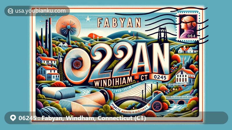 Modern illustration of Fabyan, Windham, CT, ZIP code 06245, showcasing Windham Textile and History Museum, iconic Frog Bridge, and Shenipsit State Forest, elegantly integrated with postal elements.