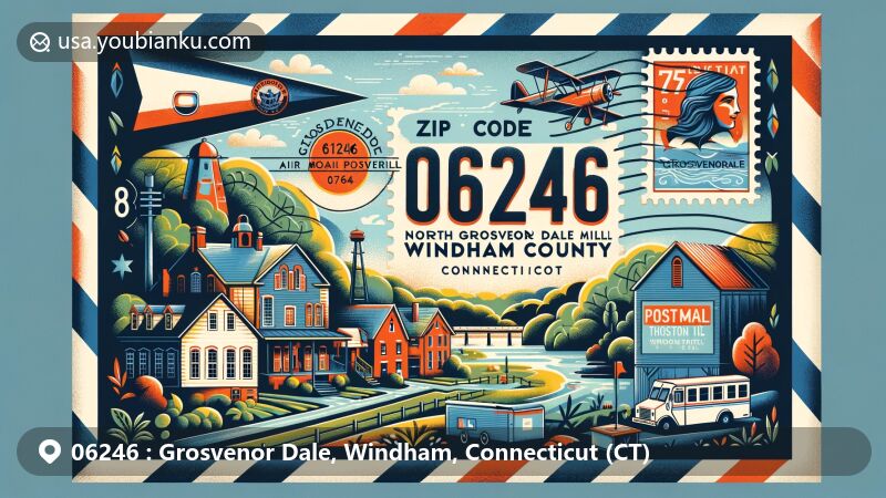 Vintage illustration of Grosvenor Dale, Windham County, Connecticut, featuring a colorful airmail envelope emphasizing ZIP code 06246, showcasing iconic landmarks like North Grosvenordale Mills and Thompson Hill Historic District in a charming style, with Connecticut state symbols integrated.