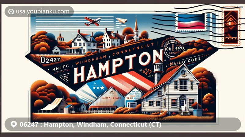 Modern illustration of Hampton, Windham County, Connecticut, showcasing postal theme with ZIP code 06247, featuring Hampton Hill Historic District and Edwin Way Teale's writing cabin at Trail Wood.