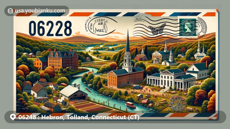 Modern illustration of rural Hebron, Tolland County, Connecticut, representing air mail envelope with ZIP code 06248, showcasing Hebron Center Historic District and annual Harvest Fair scene.