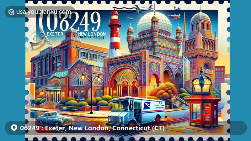Modern illustration of Exeter, New London, Connecticut, showcasing postal theme with ZIP code 06249, featuring Garde Arts Center, Lyman Allyn Art Museum, New London Ledge Light lighthouse, Custom House Maritime Museum, classic postal truck, and artistic mailbox.