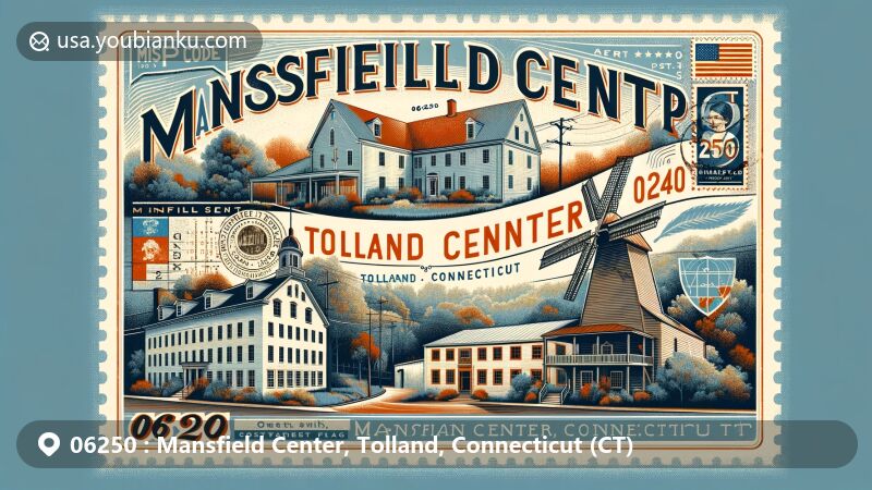 Modern illustration of Mansfield Center, Tolland County, Connecticut, showcasing historic district with Colonial, Greek Revival, and Federal architectural styles, including Gurleyville Gristmill and Connecticut state symbols.