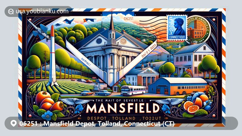 Modern illustration of Mansfield Depot, Tolland, Connecticut, showcasing creative air mail envelope with detailed historic district illustrations and iconic Dairy Barn stamp, surrounded by mulberry tree illustrations and Connecticut state flag.