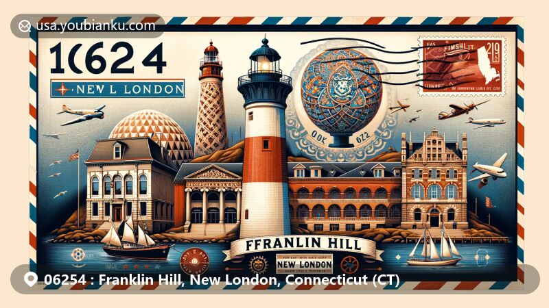 Modern illustration of Franklin Hill, New London County, Connecticut, showcasing iconic landmarks and cultural elements in a vintage airmail envelope design with ZIP code 06254.