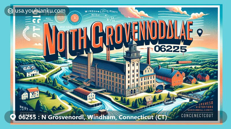 Modern illustration of N Grosvenordale, Windham County, Connecticut, showcasing North Grosvenordale Mill, French River, and postal theme with ZIP code 06255, set against a stylized map of Connecticut.
