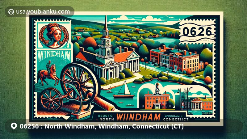 Modern illustration of Windham, Connecticut (CT), with postal theme showcasing ZIP code 06256, featuring historic landmarks and natural beauty, including Windham Town Hall, Windham Free Library, Lebanon Green, and iconic Whip City symbols.