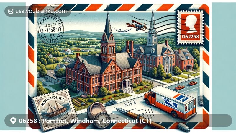 Modern illustration of Pomfret, Windham, Connecticut, showcasing postal theme with ZIP code 06258, featuring Pomfret School, Most Holy Trinity Church, Mashamoquet Brook State Park, and classic postal elements.