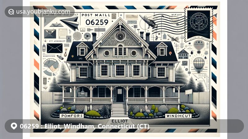 Modern illustration of Elliot, Windham County, Connecticut, depicting postal theme with ZIP code 06259, featuring Pomfret Street Historic District's Colonial Revival architecture and Windham's cultural and natural elements.