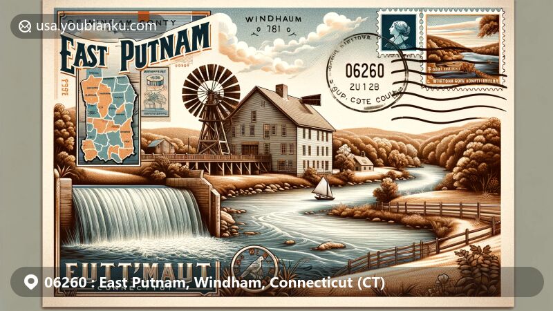 Modern illustration of East Putnam, Windham County, Connecticut, featuring Cargill Falls Mill, Quinebaug River, vintage airmail postal elements, and Connecticut state symbols.