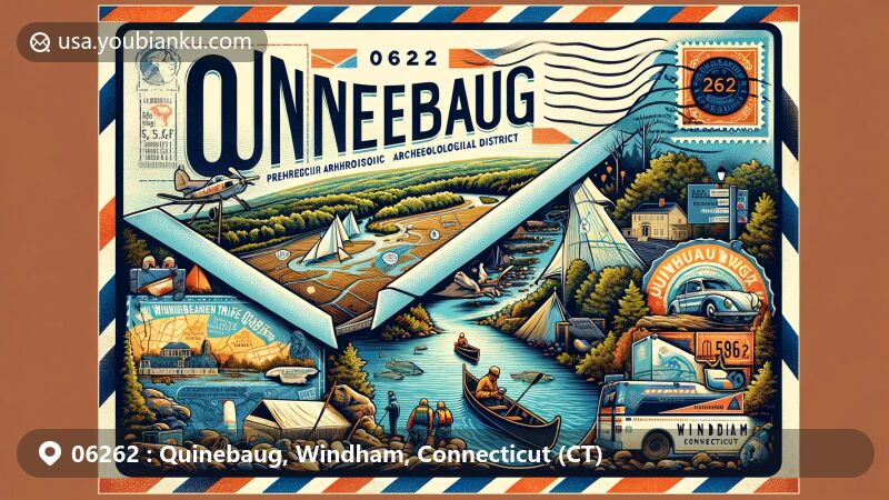 Modern illustration of Quinebaug, Windham County, Connecticut, featuring vintage airmail envelope with ZIP code 06262, showcasing Quinebaug River Prehistoric Archaeological District and scenic Quinebaug Trails.