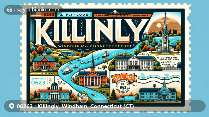 Modern illustration of Killingly, Windham County, Connecticut, showcasing Quinebaug River, Danielson Main Street historic district, and postal theme with ZIP code 06263, representing town's history with cotton goods and curtain production.