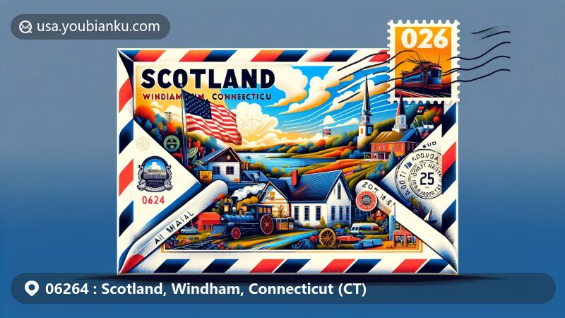 Modern illustration of Scotland, Windham County, Connecticut, showcasing a creative air mail envelope with landmarks, cultural symbols, vintage postage elements, and state flag, emphasizing postal heritage and local essence.