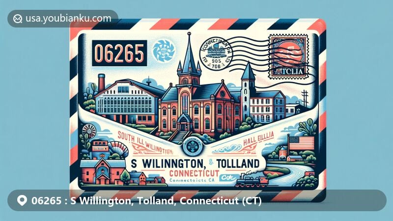 Modern illustration of S Willington, Tolland, Connecticut (CT) postal theme with ZIP code 06265, showcasing South Willington Historic District, Clara Hall Elliott Memorial Church, Hall Memorial School, Old Tolland County Jail and Museum.