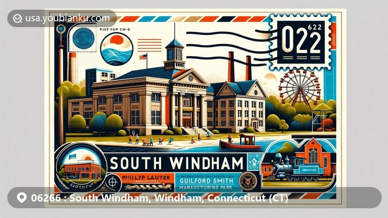 Modern illustration of South Windham, Windham County, Connecticut, featuring iconic Guilford Smith Memorial Library, industrial Smith & Winchester Manufacturing Company, scenic Philip Lauter Park, and elements representing postal communication with ZIP code 06266.