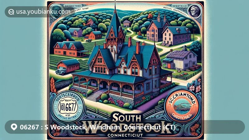 Modern illustration of South Woodstock, Windham County, Connecticut, showcasing Roseland Cottage, Route 169, Scranton's Shops, and vintage postal theme with ZIP code 06267.