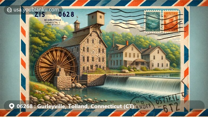 Modern illustration of Gurleyville, Tolland County, Connecticut, showcasing postal theme with ZIP code 06268, featuring Gurleyville Grist Mill and historic 19th-century architecture.
