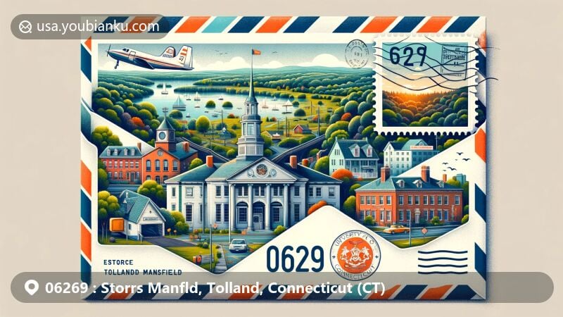 Modern illustration of Storrs Mansfield, Tolland County, Connecticut (CT), showcasing postal theme with ZIP code 06269, featuring Mansfield Center Historic District, University of Connecticut, Shelter Falls Park, and Connecticut state flag symbols.