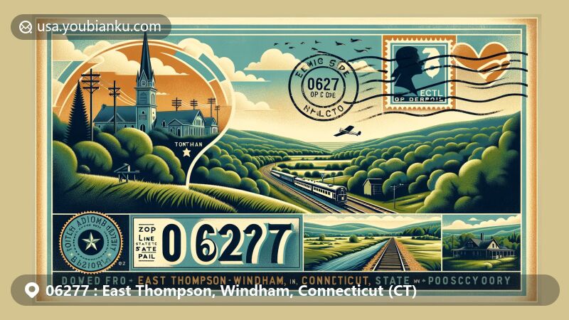 Modern illustration of East Thompson, Windham County, Connecticut, capturing the essence of postal theme with ZIP code 06277, featuring Air Line State Park Trail and scenic rural landscape.