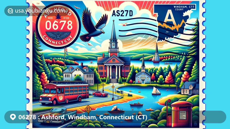 Modern illustration of Ashford, Windham County, Connecticut, featuring Knowlton Memorial Hall, Ashford Lake, and iconic symbols of Windham County and Connecticut, with vintage postal elements like a stamp with ZIP code 06278, an old postal car, and a classic mailbox.