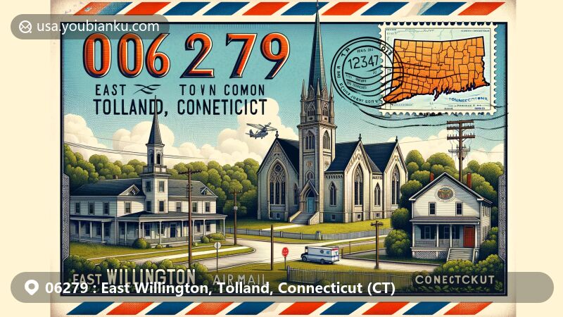 现代插图，展示康涅狄格州东威灵顿、托兰县的邮编06279，呈横向复古航空邮件信封，左侧绘有威灵顿镇公园历史区，右侧展示康涅狄格州风格化地图。