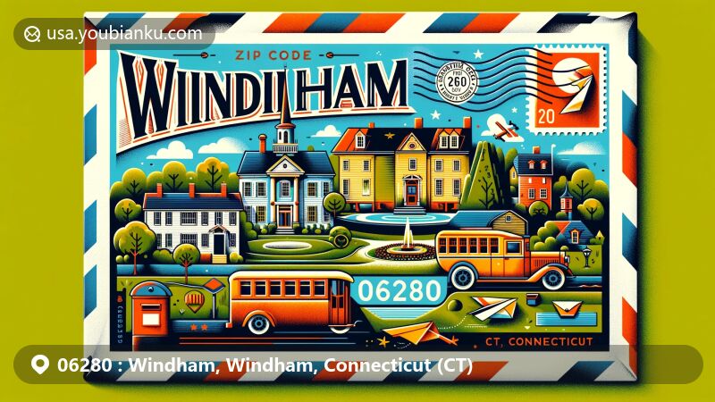 Vintage-style illustration of Windham, Connecticut, showcasing historic charm and postal theme with ZIP code 06280, featuring New England rural village aesthetics and classic postal elements.