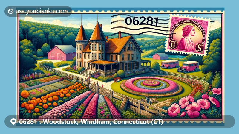 现代插图，展示康涅狄格州温德姆县伍德斯托克地区，06281邮编主题，罗斯兰小屋为中心，背景呈现乡村农业景观和历史建筑。