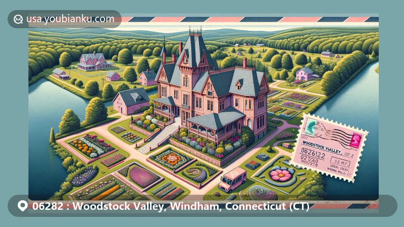 Modern illustration of Woodstock Valley, Windham County, Connecticut, highlighting the historic Roseland Cottage in pink Victorian Gothic Revival style, surrounded by rural scenery and featuring a vintage postcard with ZIP code 06282 and traditional postal symbols.