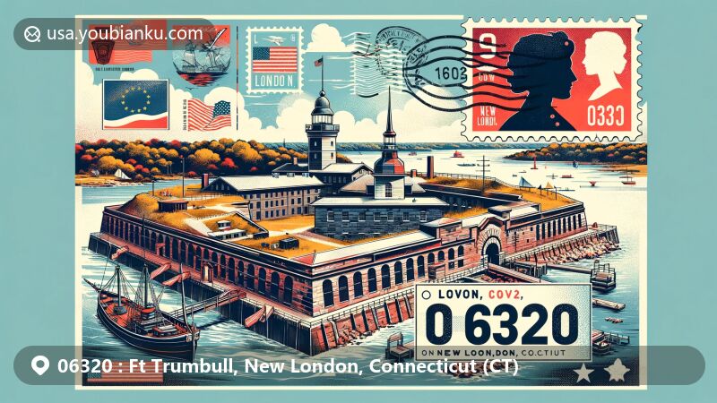 Modern illustration of Fort Trumbull in New London, Connecticut, showcasing historical architecture and scenic location by the Thames River, with maritime heritage symbols and postal theme including ZIP code 06320.