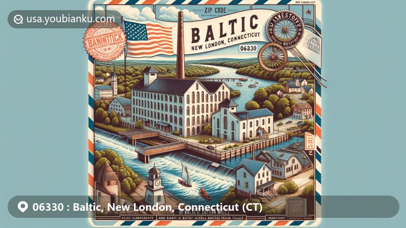 Modern illustration of the Baltic area in New London, Connecticut, showcasing vintage postal theme with Baltic Cotton Mill, Shetucket River, and historic Sprague Grist Mill. Background depicts the village's scenic charm with a Connecticut state flag stamp and ZIP code 06330.