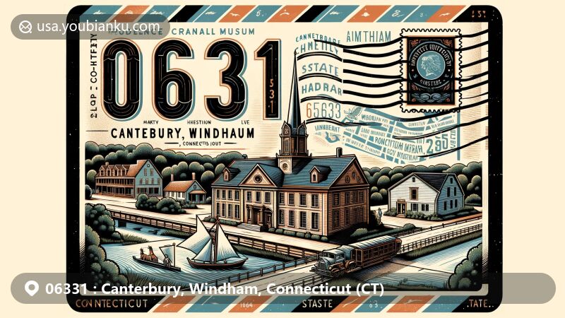 Modern illustration of Canterbury, Windham, Connecticut, featuring vintage postcard with ZIP code 06331, Prudence Crandall Museum, and New England architecture.