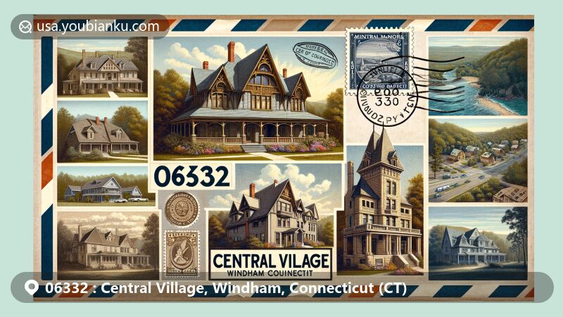 Artistic depiction of Central Village, Windham County, Connecticut, showcasing historic and postal themes with vintage airmail envelope, architectural collage, and Millridge Manor in 1920s French Chateau style.