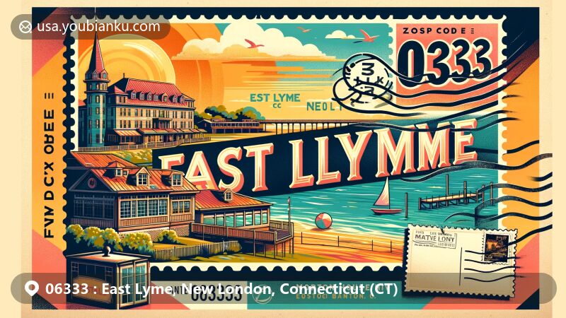 Modern illustration of East Lyme, New London, Connecticut, capturing the essence of the area with Niantic Bay Boardwalk and Morton House Hotel, set in a vibrant beach scene, featuring vintage postal elements like a postage stamp with '06333, East Lyme, CT'.