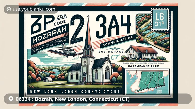 Illustration of Bozrah, New London County, Connecticut, resembling a vintage airmail envelope design, showcasing Bozrah Congregational Church and Parsonage, Hopemead State Park, a stylized map of Connecticut, and a sheep symbolizing the origin of the name 'Bozrah'.
