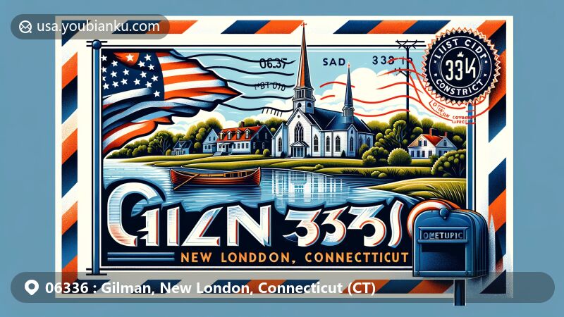 Modern illustration of Gilman, New London, Connecticut, depicting Bozrah Congregational Church and Parsonage against Gardner Lake, featuring Connecticut state flag design, '06336' ZIP code stamp, and classic American mailbox.