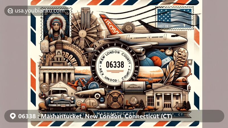 Creative illustration of Mashantucket, New London, Connecticut (CT), featuring postal theme with ZIP code 06338, highlighting Mashantucket Pequot Museum & Research Center and Foxwoods Resort Casino.