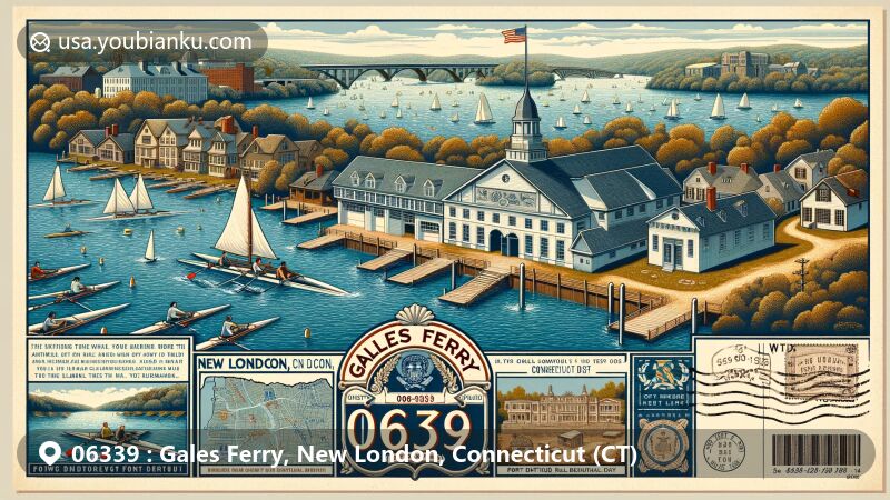 Modern illustration of Gales Ferry, New London County, Connecticut, capturing the iconic Yale Boathouse on Thames River with diverse architectural styles from Gales Ferry Historic Districts and vintage postal elements like Fort Decatur earthworks and stylized map.