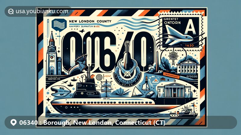 Modern illustration of Groton, New London County, Connecticut, featuring postal theme with ZIP code 06340, showcasing Thames River, submarine silhouette, Groton Monument, and county symbols.